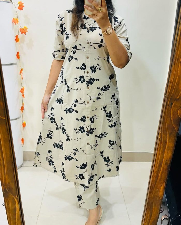Elegant Skin Print Cotton Two Piece Kurti & Salwar Set - Image 4