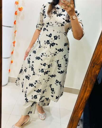 Elegant Skin Print Cotton Two Piece Kurti & Salwar Set
