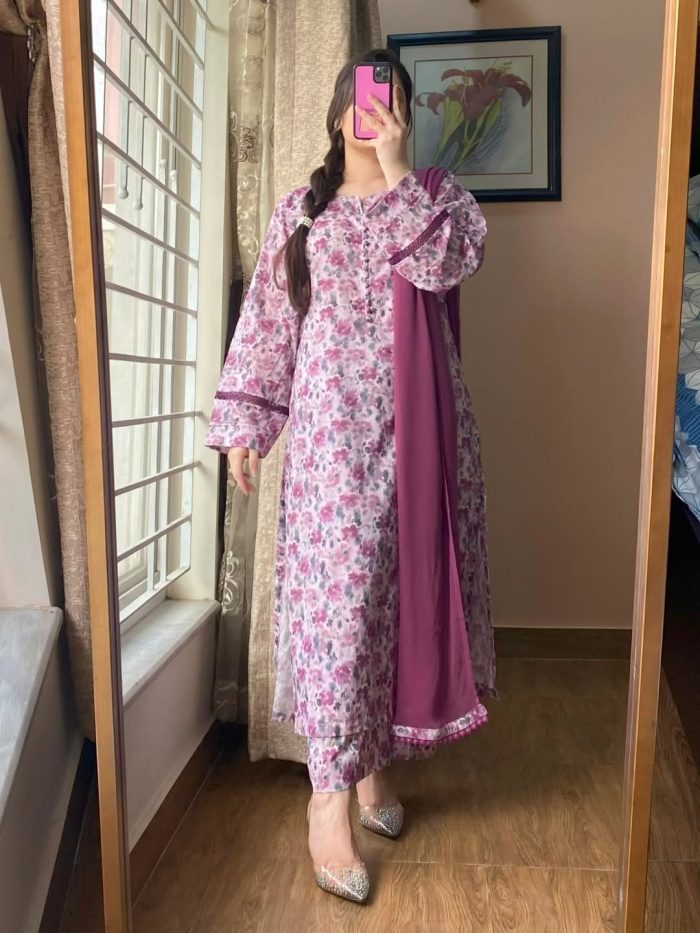 Lawn Printed Dress With Shalwar - Image 3