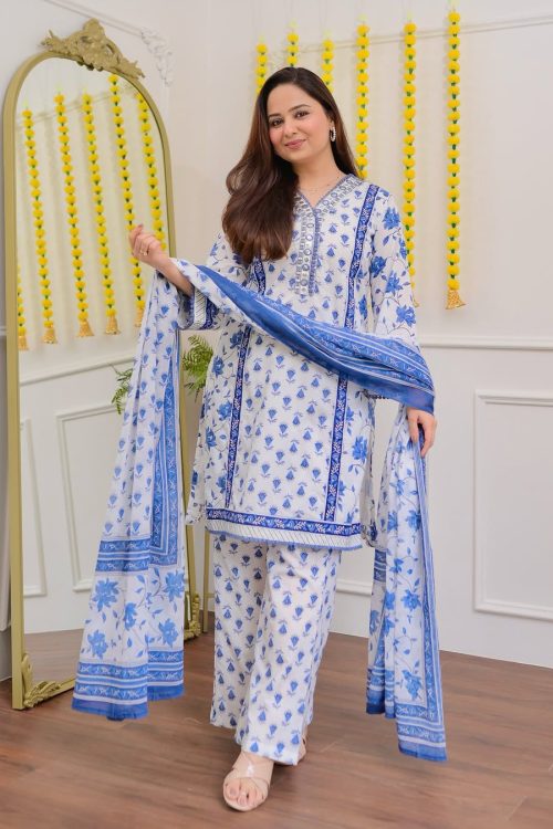 Blue Floral Doller Work Cotton Suit